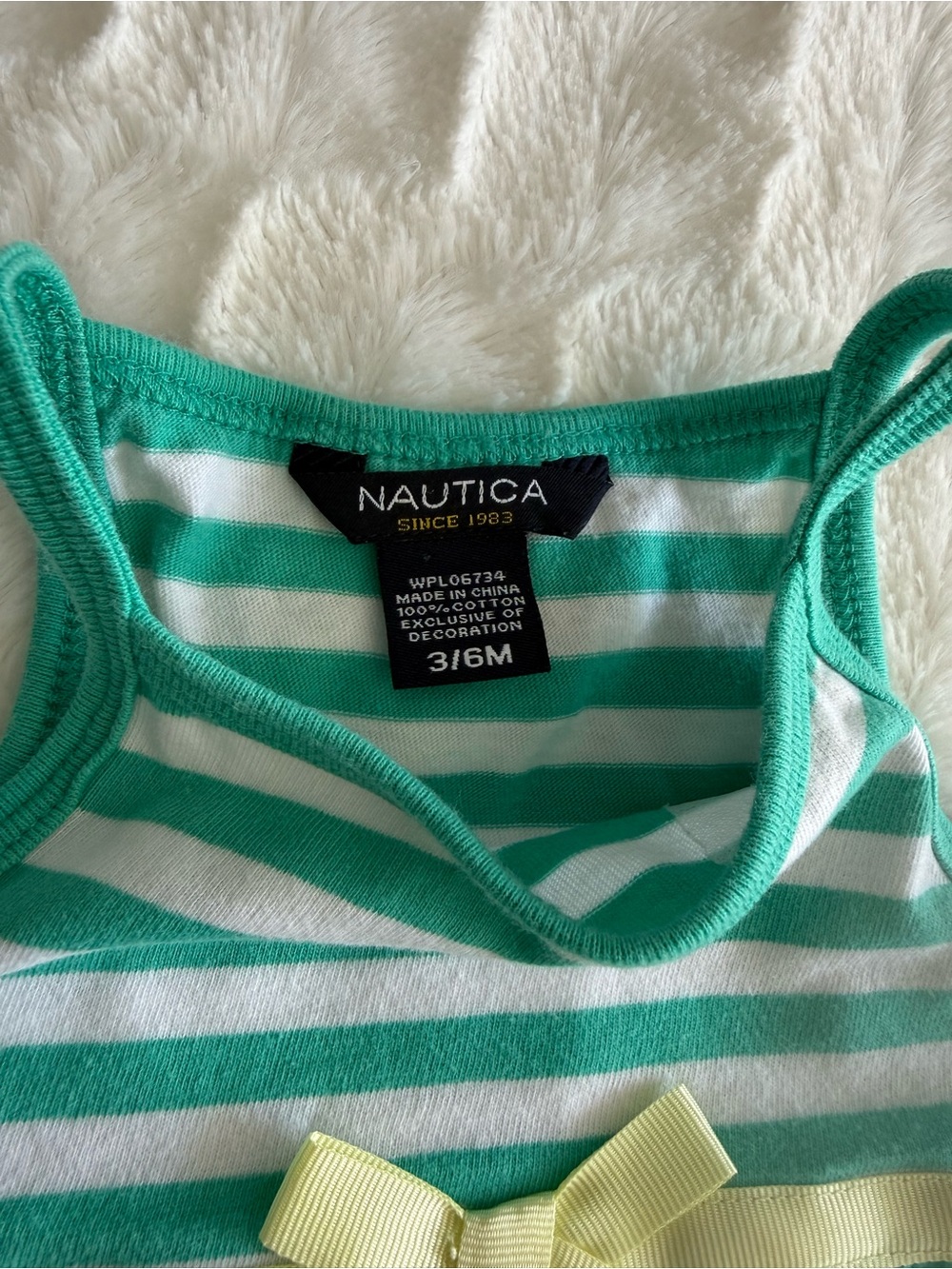 Nautica Green & White Striped Baby Dress with Yellow Bow and Matching Bloomers - Picture 3 of 3